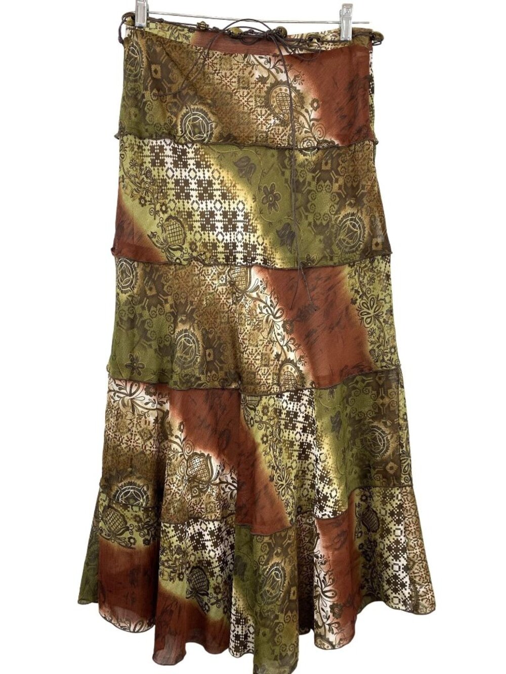 Women 8 Boho Asymmetrical CottageCore Patchwork Tiered Skirt Green Brown Festive
